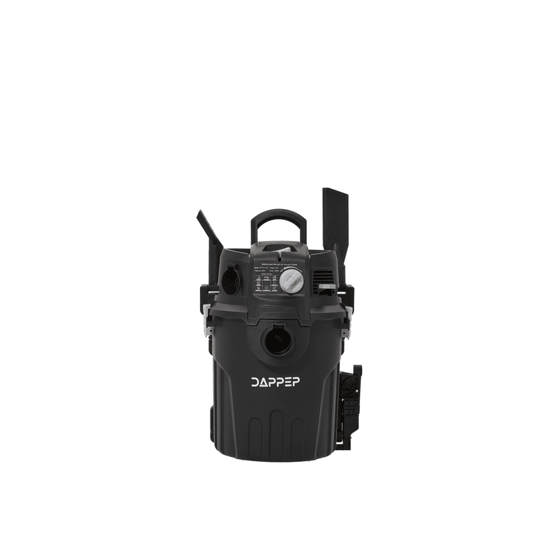 Dapper Supply 6-gallon wall mount wet dry vacuum front view with spec label.