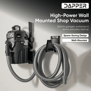 Dapper Supply 6-gallon wall mount wet dry vacuum mounted on a wall with hose.