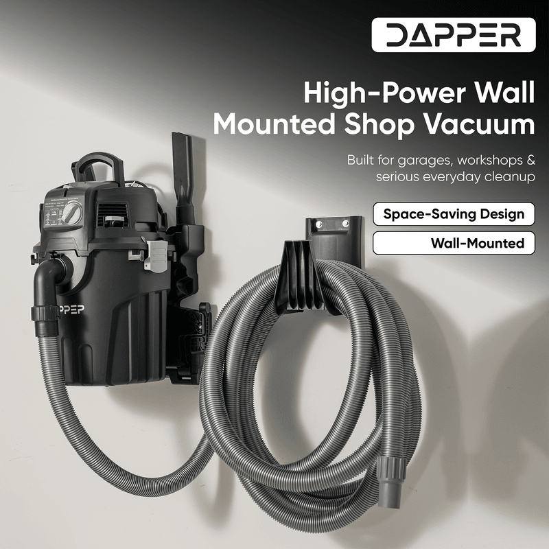 Dapper Supply 6-gallon wall mount wet dry vacuum mounted on a wall with hose.