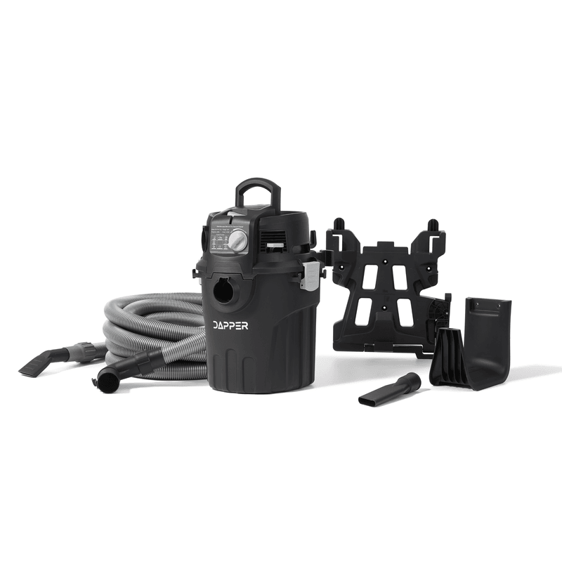 Dapper Supply 6-gallon wall mount wet dry vacuum with hose and attachments.