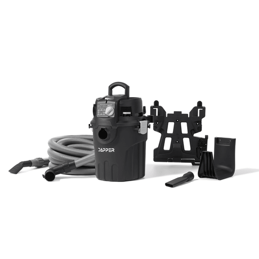 Dapper Supply 6-gallon wall mount wet dry vacuum with hose and attachments.