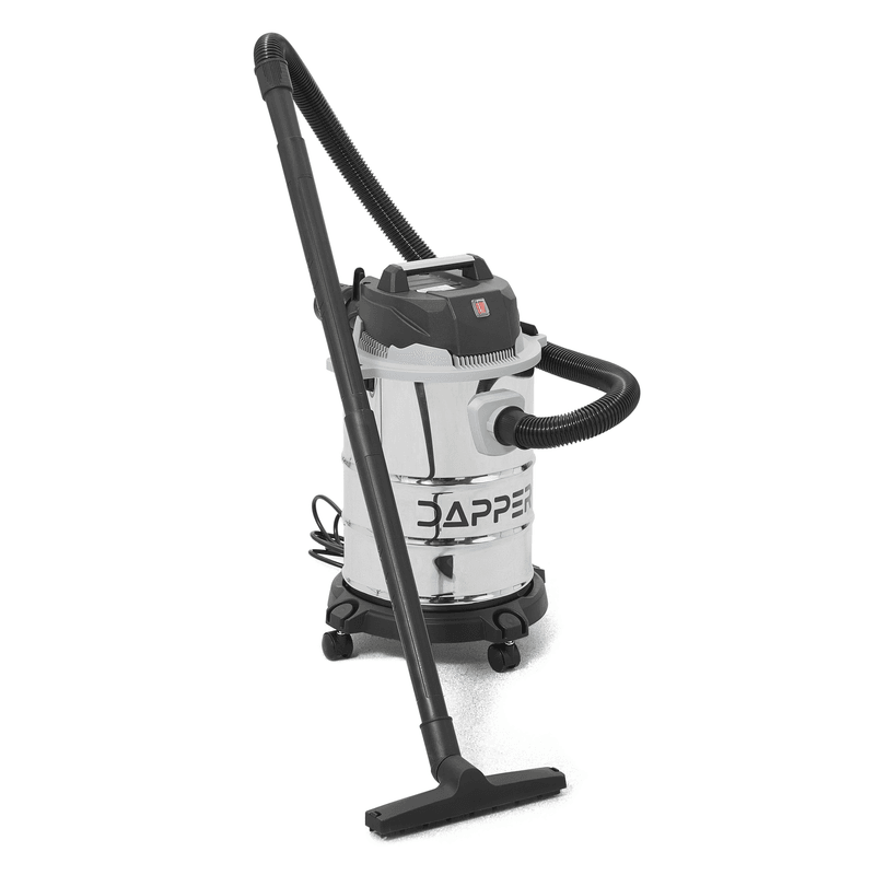 Dapper Supply 6-gallon wet/dry vacuum full view with hose and floor nozzle.