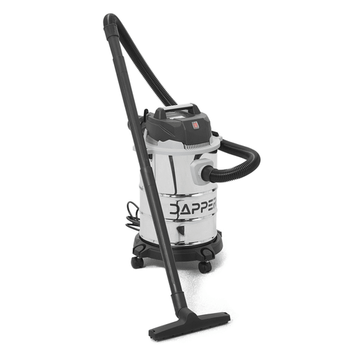 Dapper Supply 6-gallon wet/dry vacuum full view with hose and floor nozzle.