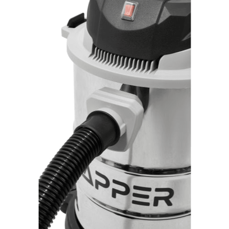 Dapper Supply 6-gallon wet/dry vacuum hose port connection closeup.