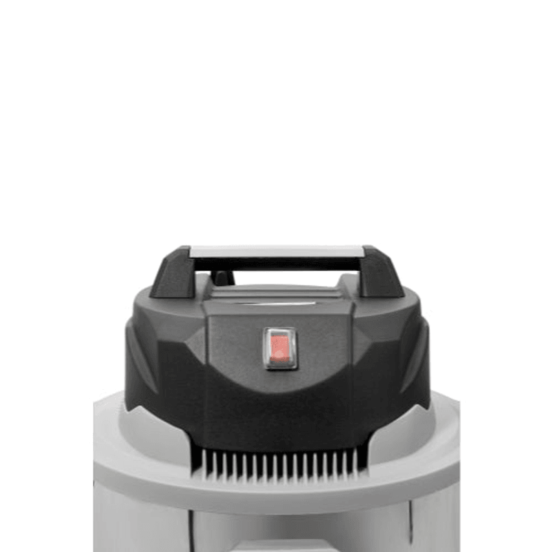 Dapper Supply 6-gallon wet/dry vacuum motor head and carry handle closeup.