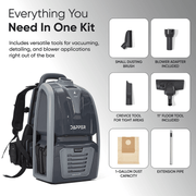 Dapper Supply backpack vacuum accessory kit with dusting brush, blower adapter, crevice tool, floor tool, dust bag, and extension pipe.