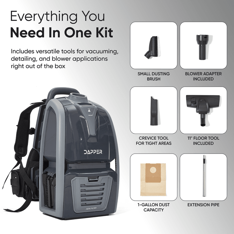 Dapper Supply backpack vacuum accessory kit with dusting brush, blower adapter, crevice tool, floor tool, dust bag, and extension pipe.