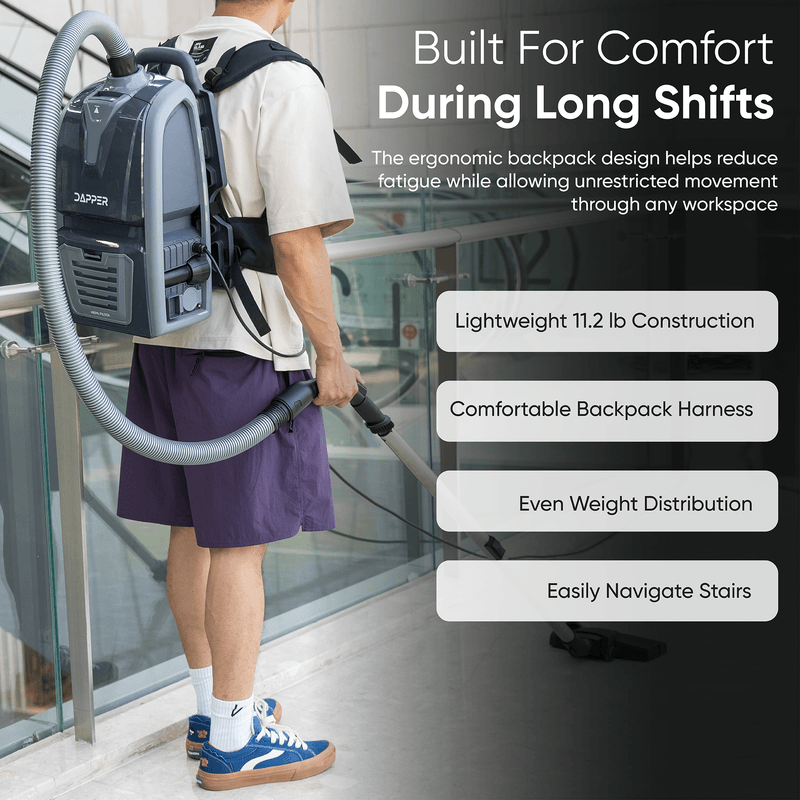 Dapper Supply backpack vacuum worn during cleaning, highlighting the lightweight 11.2 lb ergonomic design.