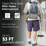Dapper Supply backpack vacuum extended reach with 50 ft cord and 5 ft hose for up to 53 ft of coverage.