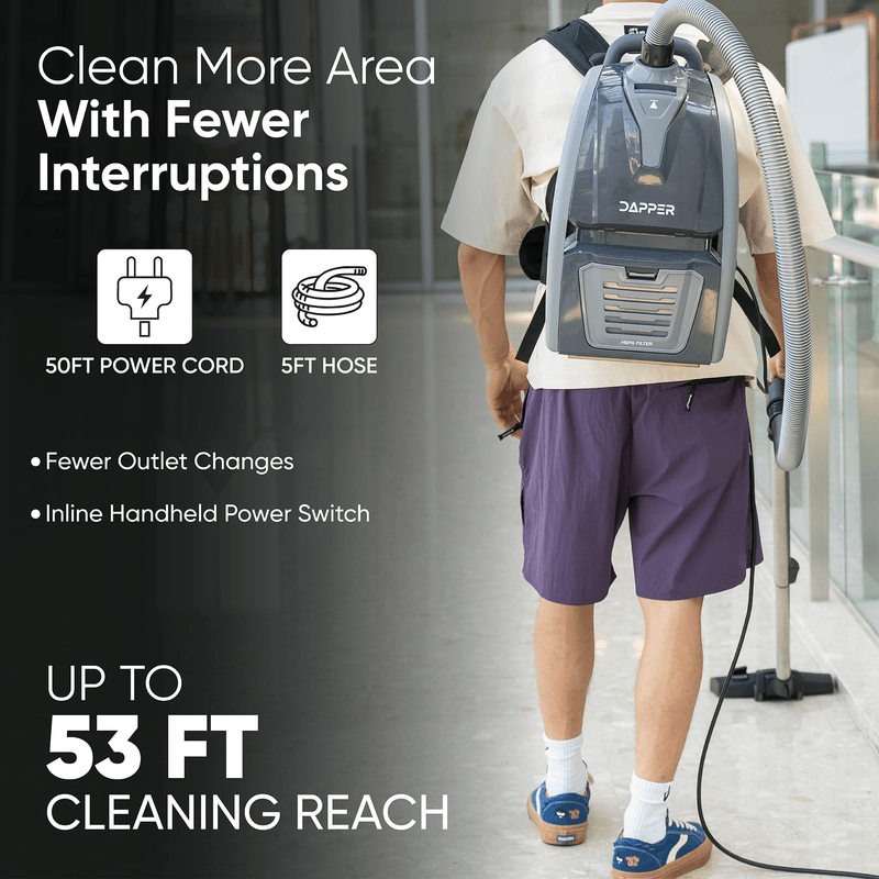 Dapper Supply backpack vacuum extended reach with 50 ft cord and 5 ft hose for up to 53 ft of coverage.