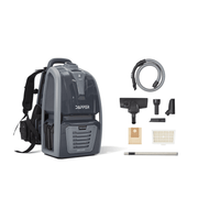 Dapper Supply 2-in-1 commercial backpack vacuum shown front angle with its full accessory kit.