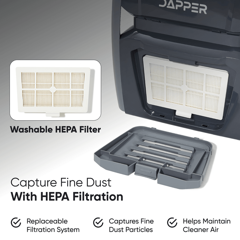 Dapper Supply backpack vacuum washable HEPA filter that captures fine dust.