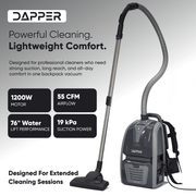 Dapper Supply backpack vacuum specifications showing 1200W motor, 55 CFM airflow, 76 inch water lift, and 19 kPa suction.