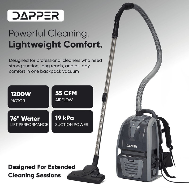 Dapper Supply backpack vacuum specifications showing 1200W motor, 55 CFM airflow, 76 inch water lift, and 19 kPa suction.