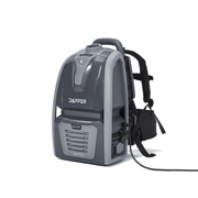 Dapper Supply commercial backpack vacuum rear angle showing the padded backpack harness.