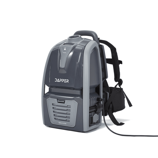 Dapper Supply commercial backpack vacuum rear angle showing the padded backpack harness.