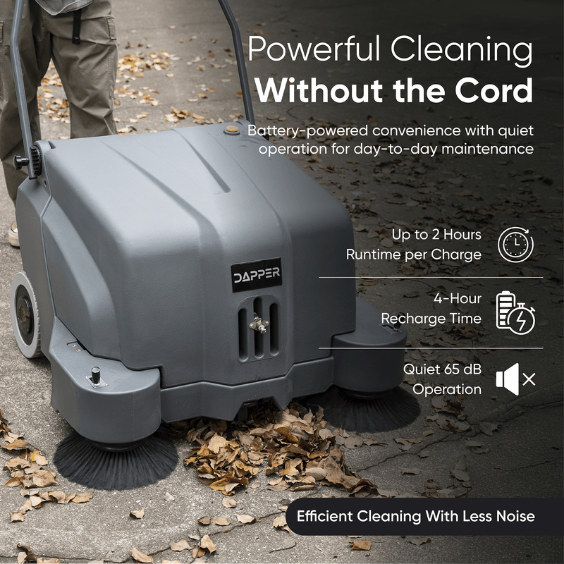 Dapper Supply 40-inch battery floor sweeper cordless runtime and recharge details.