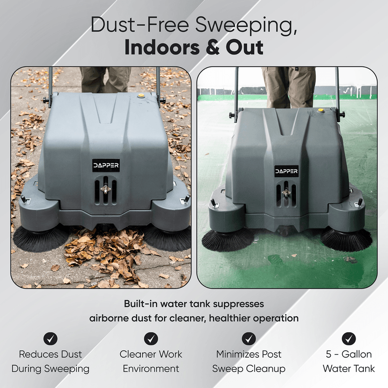 Dapper Supply 40-inch battery floor sweeper dust control with 5-gallon water tank.