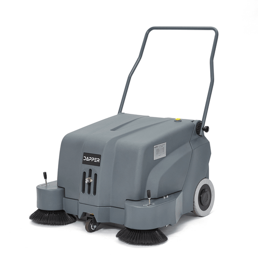 Dapper Supply 40-inch battery walk-behind floor sweeper front angle view.