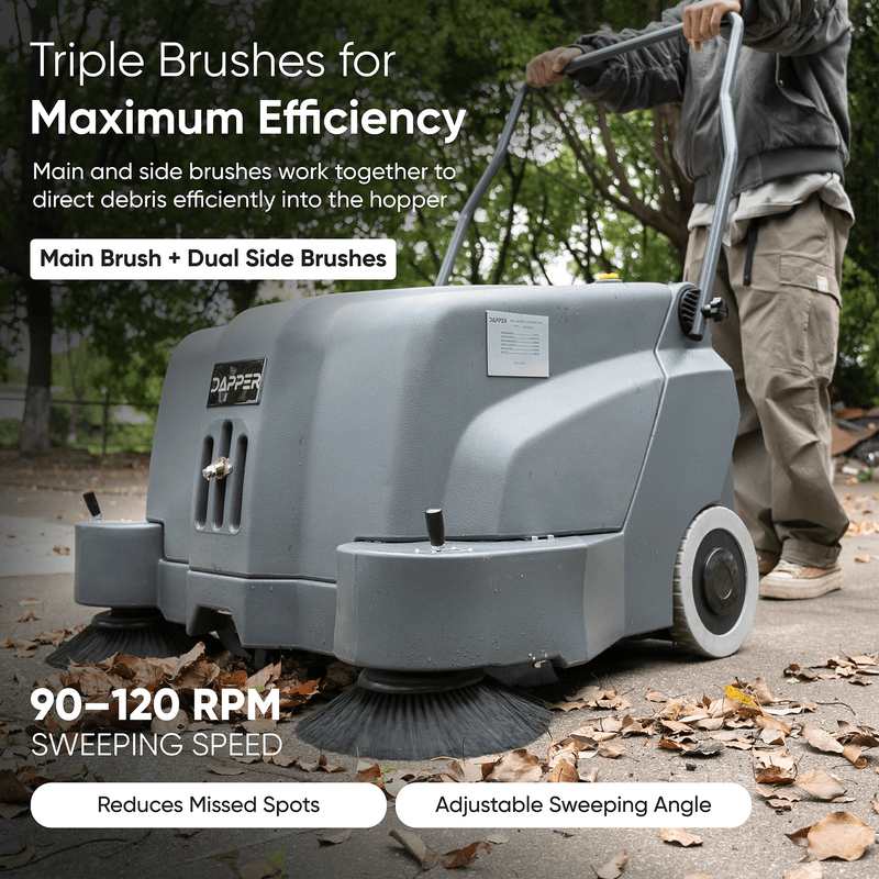 Dapper Supply 40-inch battery floor sweeper triple brush system in use outdoors.