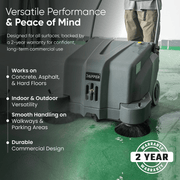 Dapper Supply 40-inch battery floor sweeper working on multiple commercial surfaces.