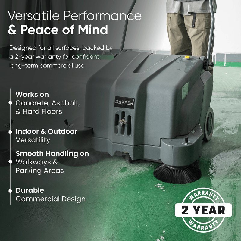 Dapper Supply 40-inch battery floor sweeper working on multiple commercial surfaces.