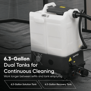 Dapper Supply box carpet extractor infographic showing 6.3-gallon dual tanks.