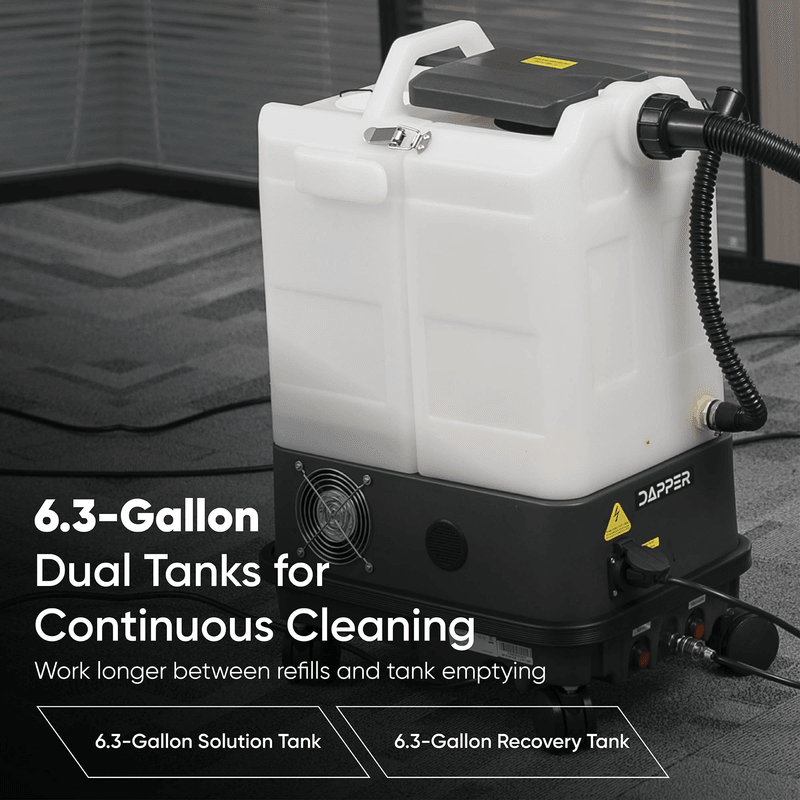 Dapper Supply box carpet extractor infographic showing 6.3-gallon dual tanks.