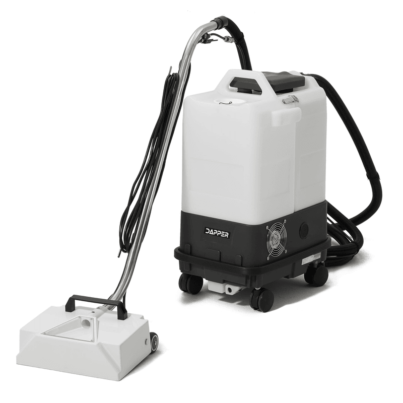 Dapper Supply box carpet extractor front angle with motorized cleaning head.