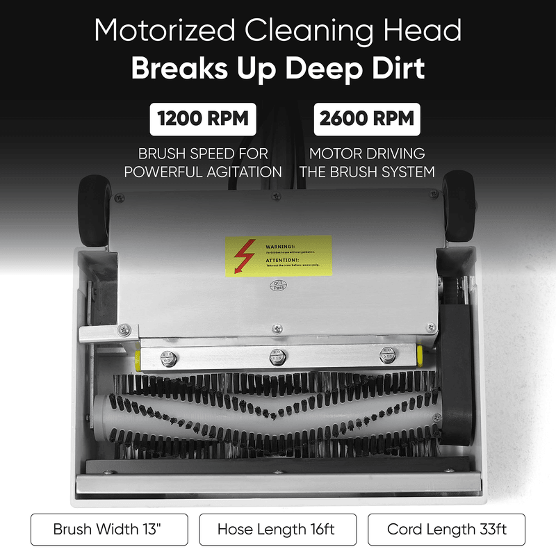 Dapper Supply box carpet extractor infographic showing 1200 RPM brush and 2600 RPM motor.
