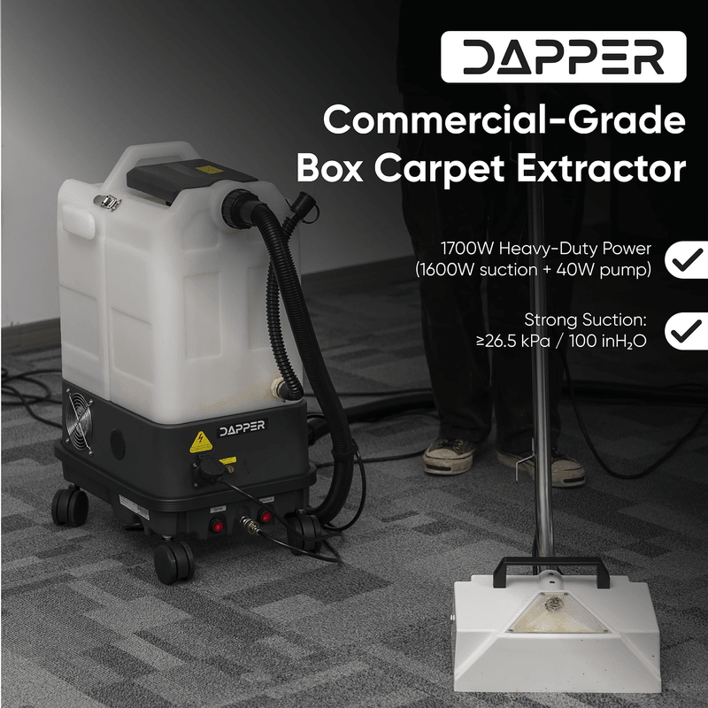 Dapper Supply box carpet extractor infographic showing 1700W power and suction rating.