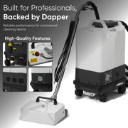 Dapper Supply box carpet extractor infographic showing professional-grade features.