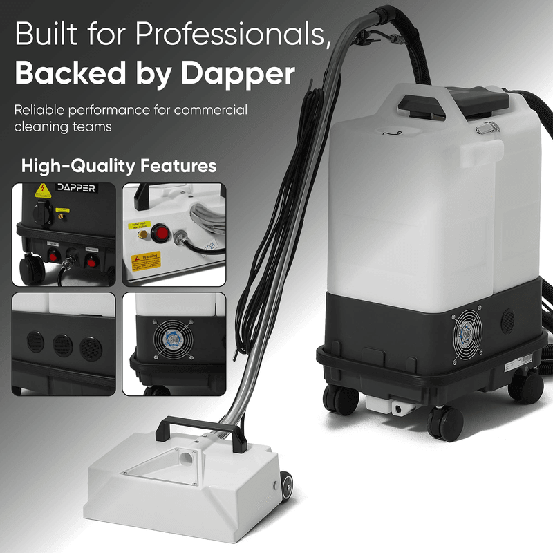 Dapper Supply box carpet extractor infographic showing professional-grade features.