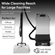 Dapper Supply box carpet extractor infographic showing wide cleaning reach and low noise.