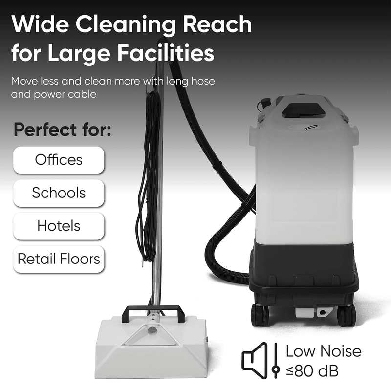 Dapper Supply box carpet extractor infographic showing wide cleaning reach and low noise.