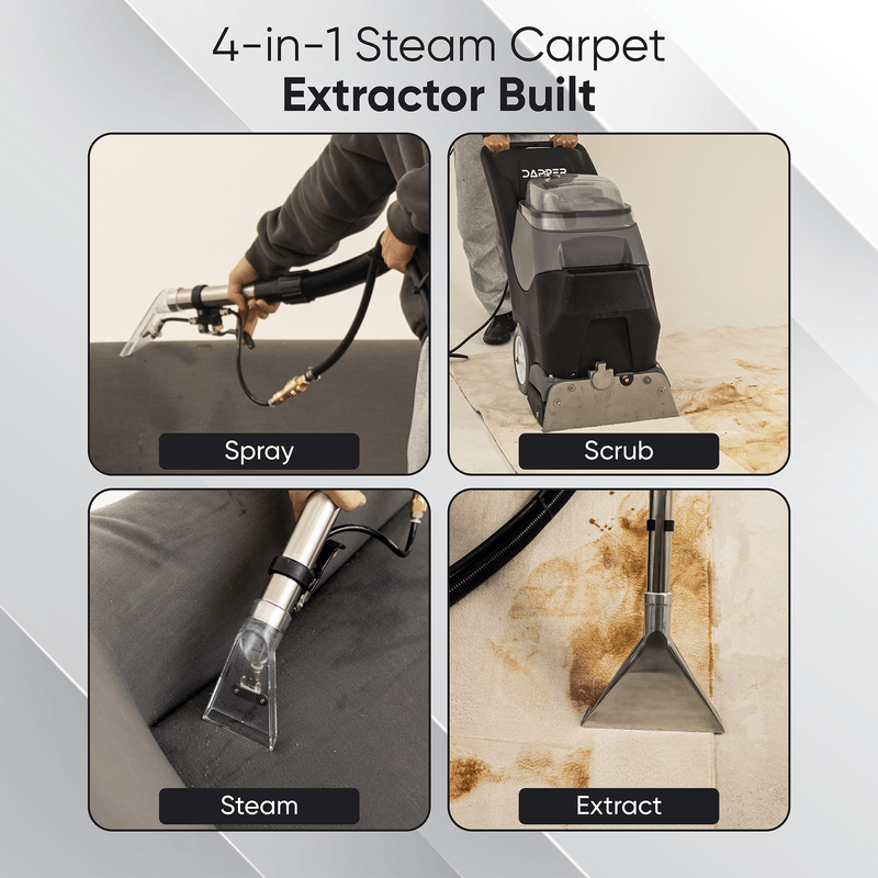 Dapper Supply 4-in-1 carpet extractor spray, scrub, steam, and extract functions.