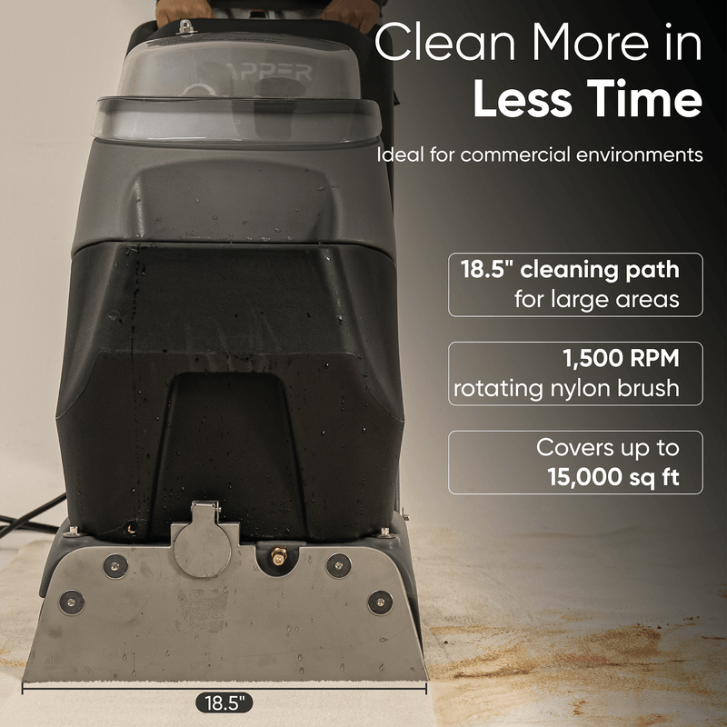Dapper Supply 4-in-1 carpet extractor cleaning a carpet with its 18.5-inch path.