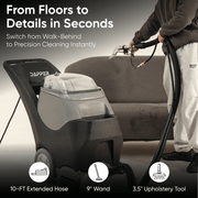 Dapper Supply 4-in-1 carpet extractor with 10 ft hose, 9-inch wand, and upholstery tool.