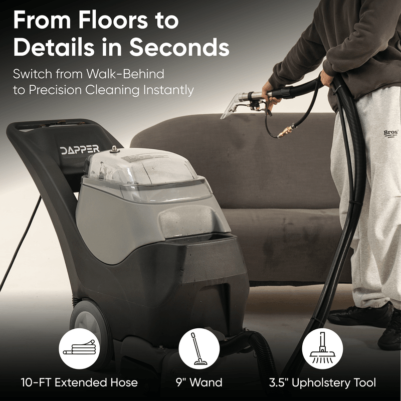 Dapper Supply 4-in-1 carpet extractor with 10 ft hose, 9-inch wand, and upholstery tool.