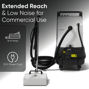 Dapper Supply carpet extractor with 16 ft hose and 33 ft power cord for extended reach.