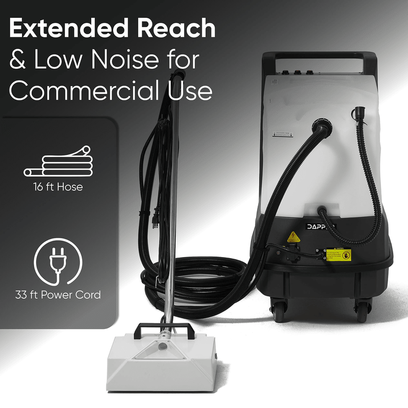Dapper Supply carpet extractor with 16 ft hose and 33 ft power cord for extended reach.
