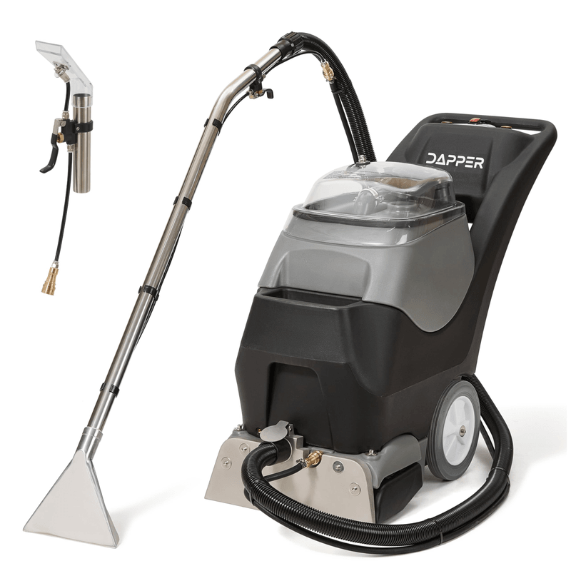 Dapper Supply 4-in-1 carpet extractor front angle with upholstery wand.