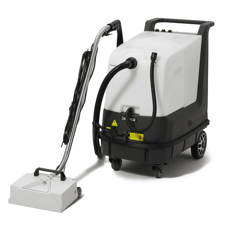 Dapper Supply commercial hot water carpet extractor front angle with box head.