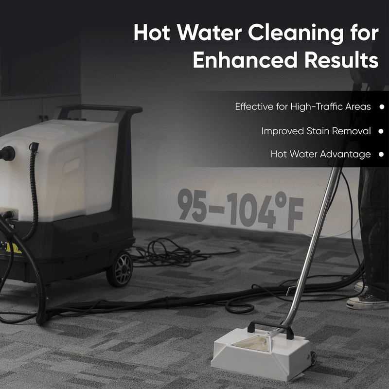 Dapper Supply carpet extractor hot water cleaning at 95 to 104 degrees F.