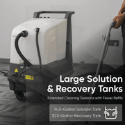 Dapper Supply carpet extractor with 14.5 gallon solution and 10.5 gallon recovery tanks.