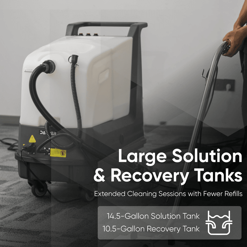 Dapper Supply carpet extractor with 14.5 gallon solution and 10.5 gallon recovery tanks.