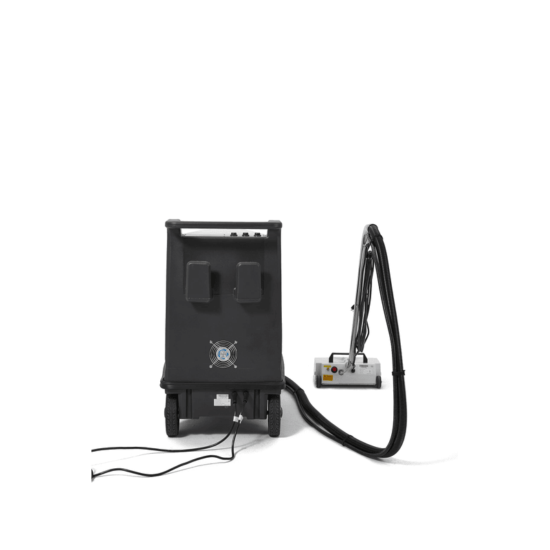 Dapper Supply carpet extractor rear view showing cooling fan and dual cords.