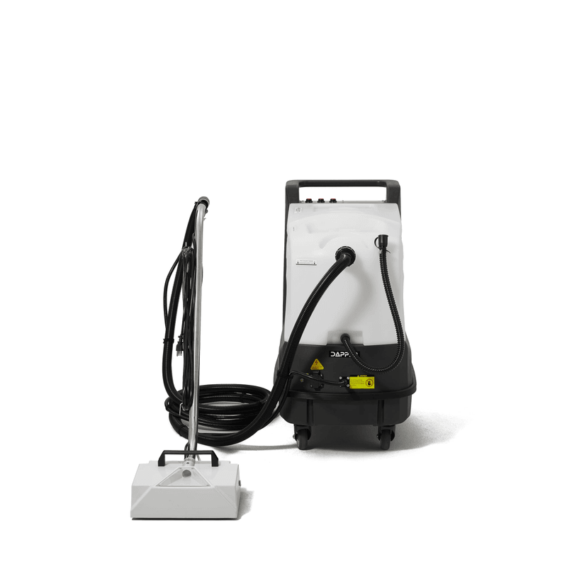 Dapper Supply commercial carpet extractor side view with hose, wand, and box head.