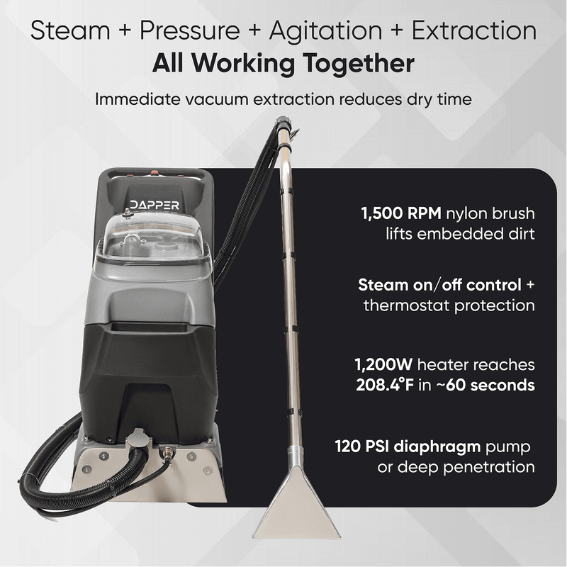 Dapper Supply 4-in-1 carpet extractor steam, pressure, agitation, and extraction specifications.