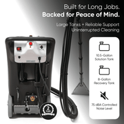 Dapper Supply 4-in-1 carpet extractor showing 10.5-gallon solution and 8-gallon recovery tanks.